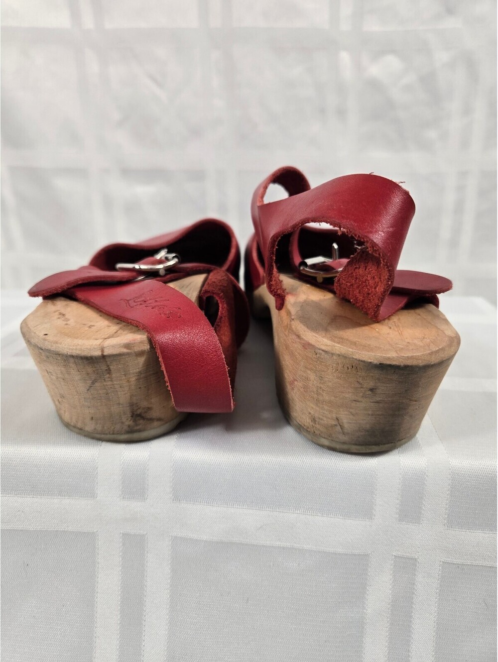 Lotta from Stockholm Red Leather Swedish Wooden Clogs Boho - Picture 6 of 11